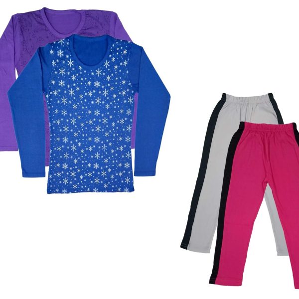 IndiWeaves Girls Cotton Full Sleeve Printed T-Shirts and Cotton Capri 3/4 Pants (White,Magenta,Purple,Blue,12-13 Years) Pack of 4