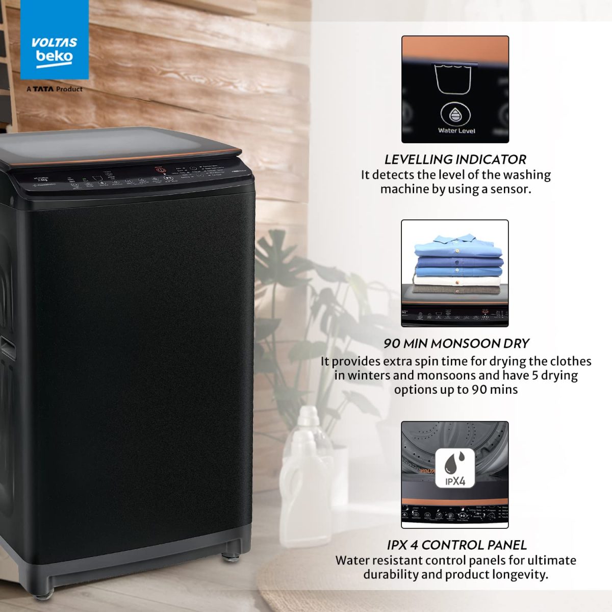 Voltas Beko 7.0 Kg, 5 Star, Inverter, Fully Automatic Top Load Washing Machine (WTL70VPBGF, Black), JET Wash/ Hand Wash, Drum Light,Fountain Wash - Image 3