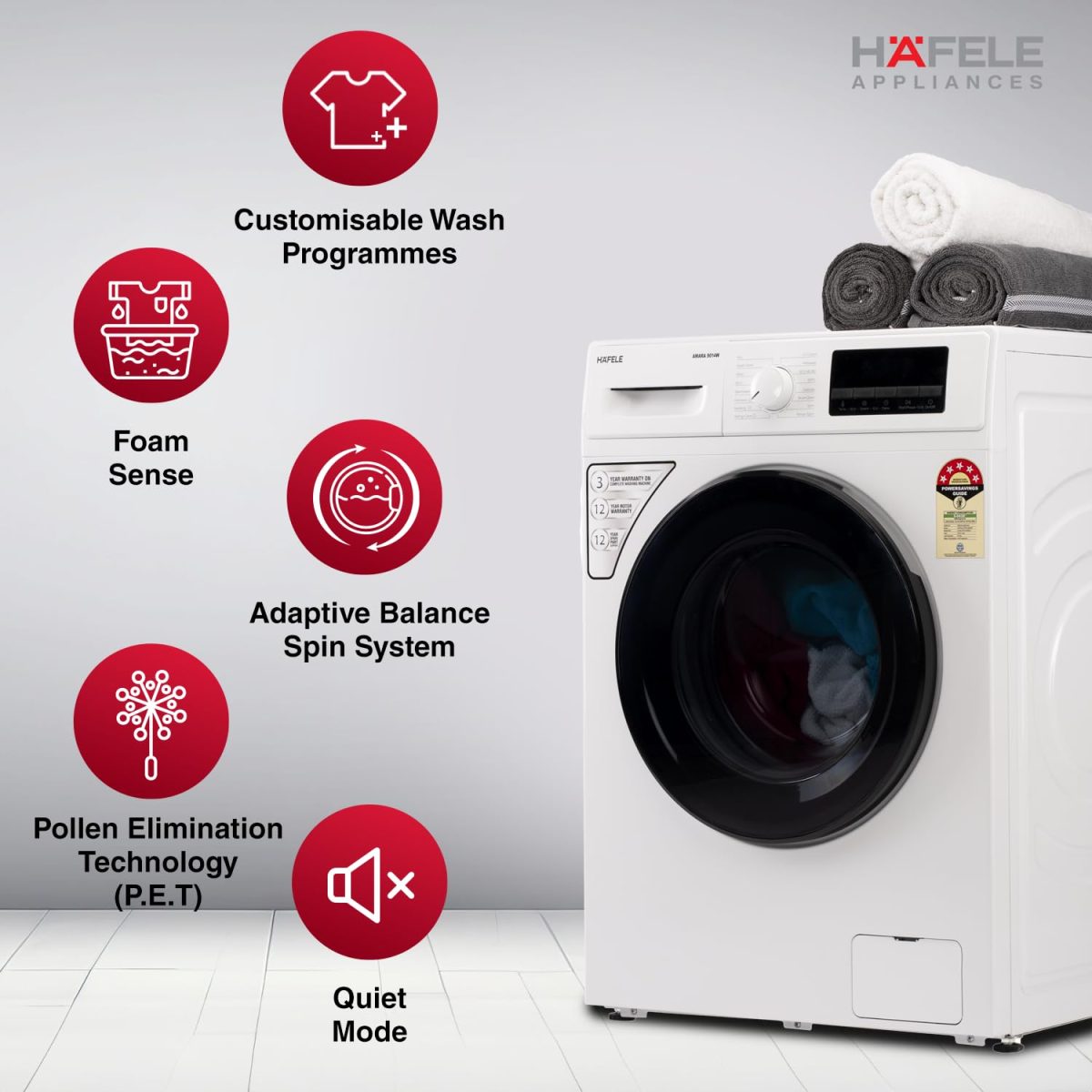 HAFELE AMARA 9 kg 5 Star, Premium Fully Automatic Front-Load washing machine engineered using German technology, comes with Steam Shield and Hexa Wash Design - Image 4