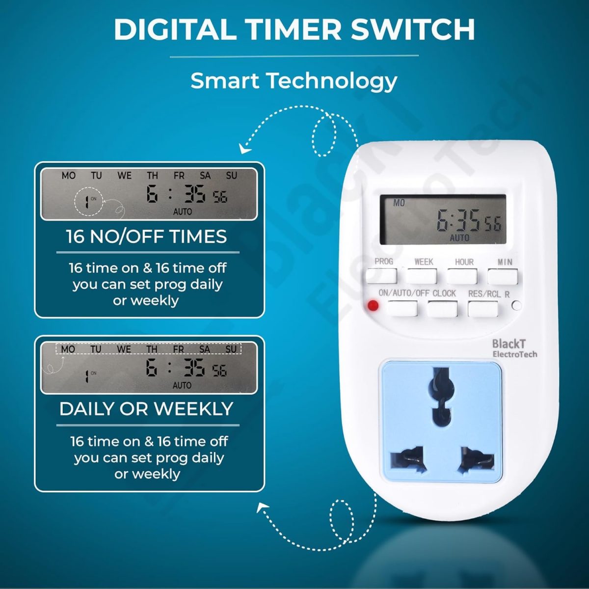 Blackt Electrotech BT41P 230V 10A Digital Programmable Timer Socket Plug – 24x7 Electronic Outlet for Automated Lights, Energy Saving & Home Appliances - Image 3