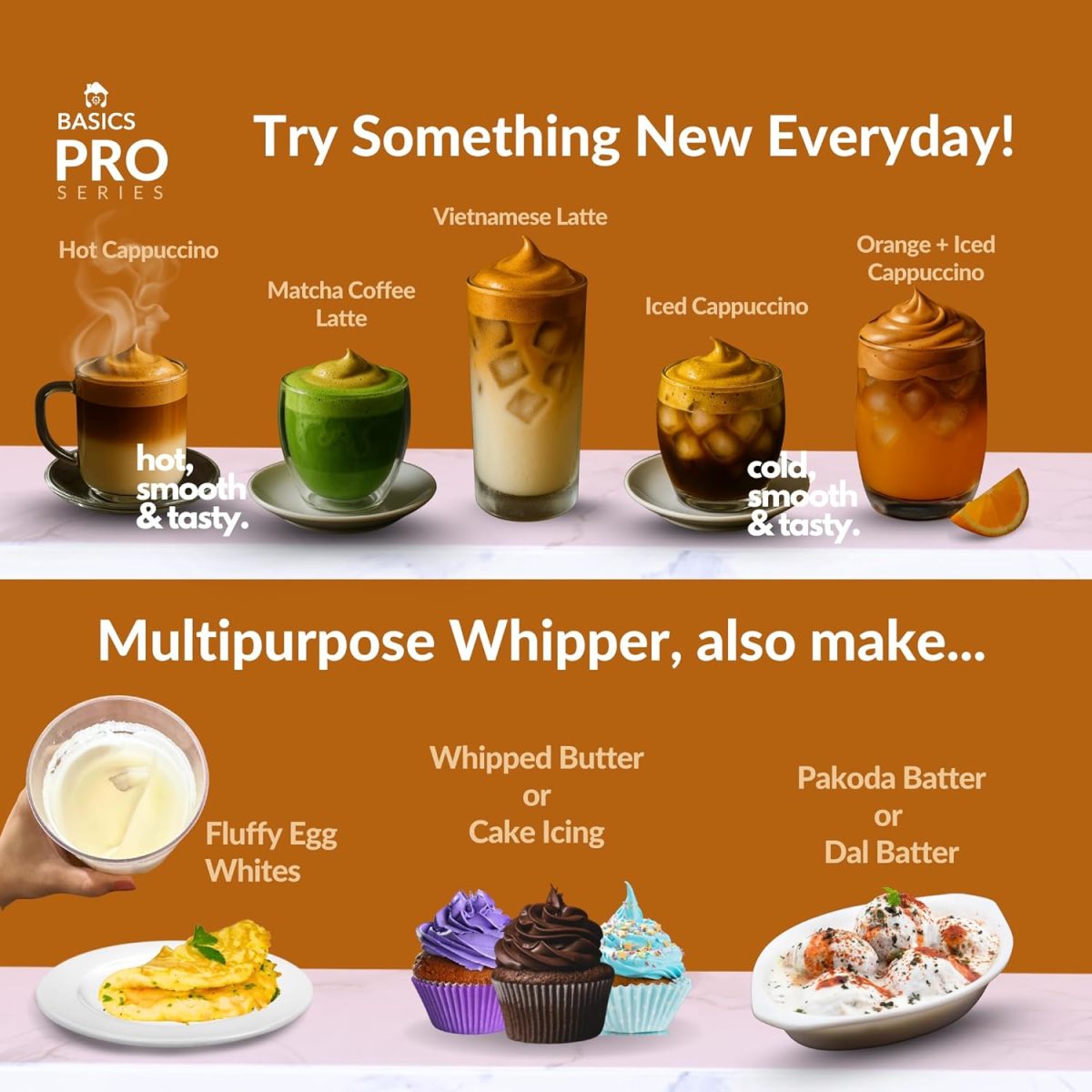 Basics - We Know Your Needs! Coffee Beater Pro - Automatic | Whipped Butter | Egg Beater | Pancake Mixer | Pakoda Batter, Electric 40 W, Brown - Image 3