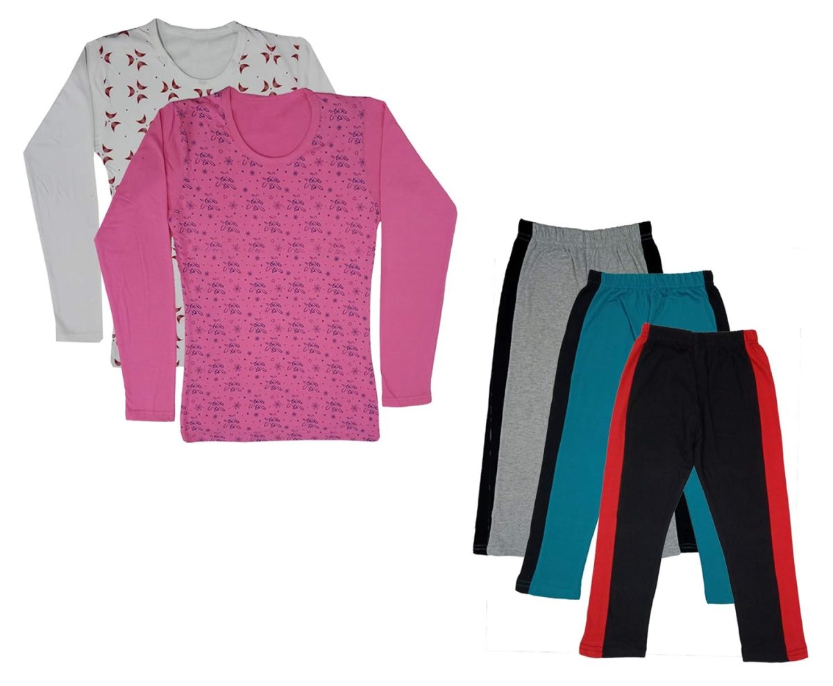 IndiWeaves Girls Cotton Full Sleeve Printed T-Shirts and Cotton Capri 3/4 Pants (Grey,Green,Black,White,Pink) Pack of 5