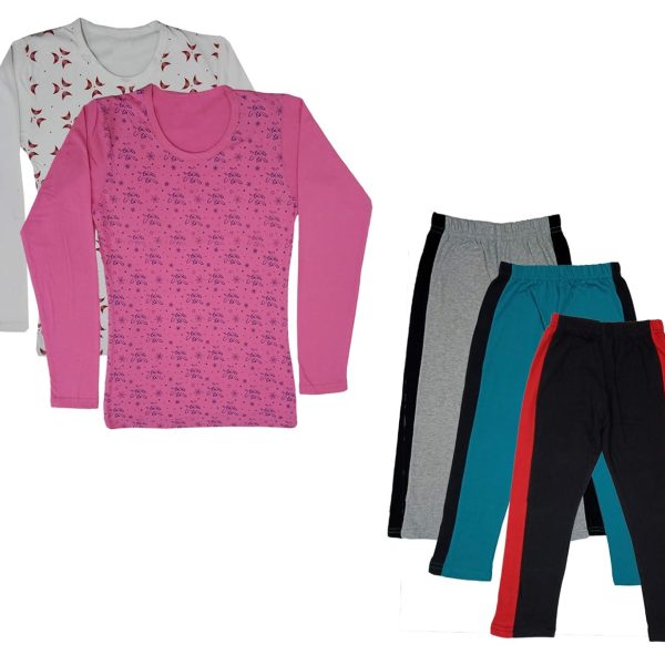 IndiWeaves Girls Cotton Full Sleeve Printed T-Shirts and Cotton Capri 3/4 Pants (Grey,Green,Black,White,Pink) Pack of 5