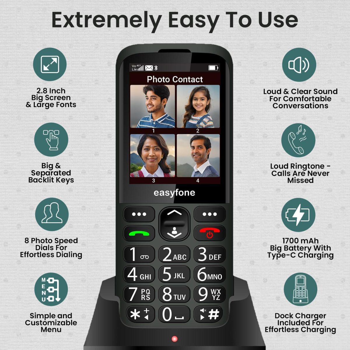 easyfone Elite 4G Phone for Seniors | 2.8" Big Screen | Loud Sound | Big & Talking Buttons | Dock Charger | SOS | Photo Speed Dial | Remote App Setup by Caregivers | USB-C | FM | Customizable Menu - Image 2