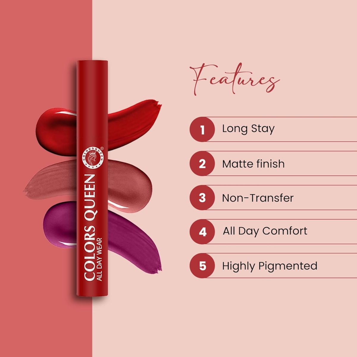 Colors Queen All Day Wear Liquid Lipstick - Taboo, 12g | Highly Pigmented, Long Lasting Matte Lipstick | Smooth One Swipe Application, Lightweight & Non Transfer Liquid Lipstick for Women - Image 3