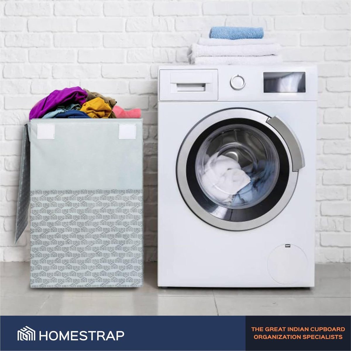 Homestrap 75 LTR Foldable Laundry Basket | Printed Laundry Bag with Lid Front Handle | Non-Woven Toy Organiser | Washing Cloth Laundry Bin(Grey)(Polypropylene) - Image 8