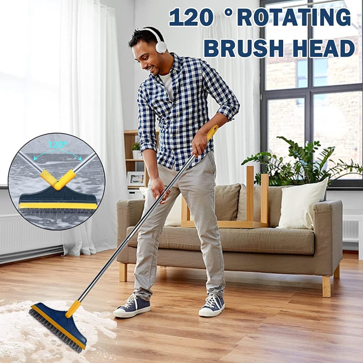 TEKCOOL 2-in-1 Bathroom Cleaning Brush with Wiper and Long Handle - 120° Rotating Floor Scrub Brush for Tiles, Kitchen, and Home Cleaning Accessories, Black, Stainless Steel - Image 4