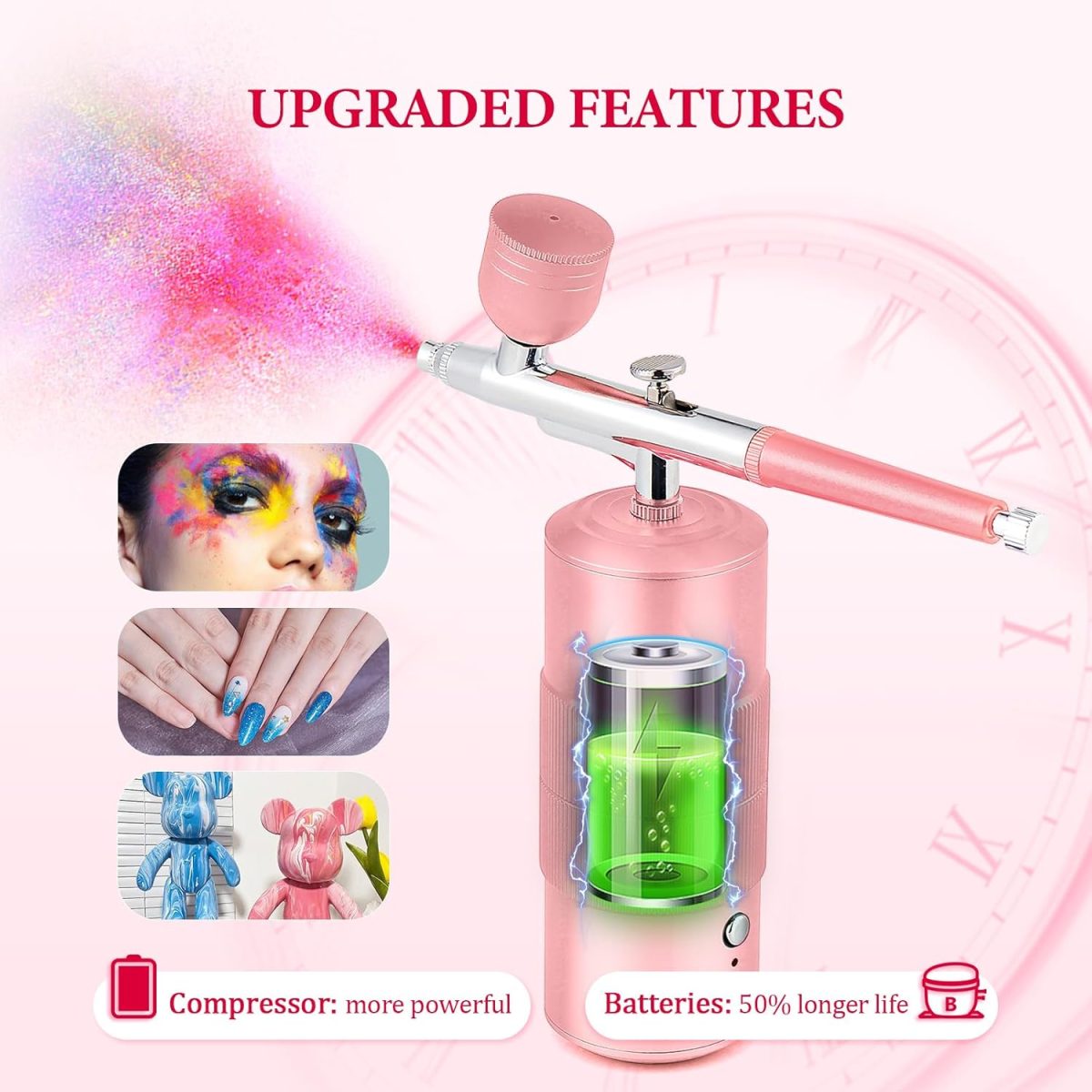 Airbrush Kit Machine with Compressor, Rechargeable Handheld Airbrush, Professional Cordless Air Brush Portable for Nail Art, Makeup, Barber, Cake Decor, Painting (Rose) - Image 5