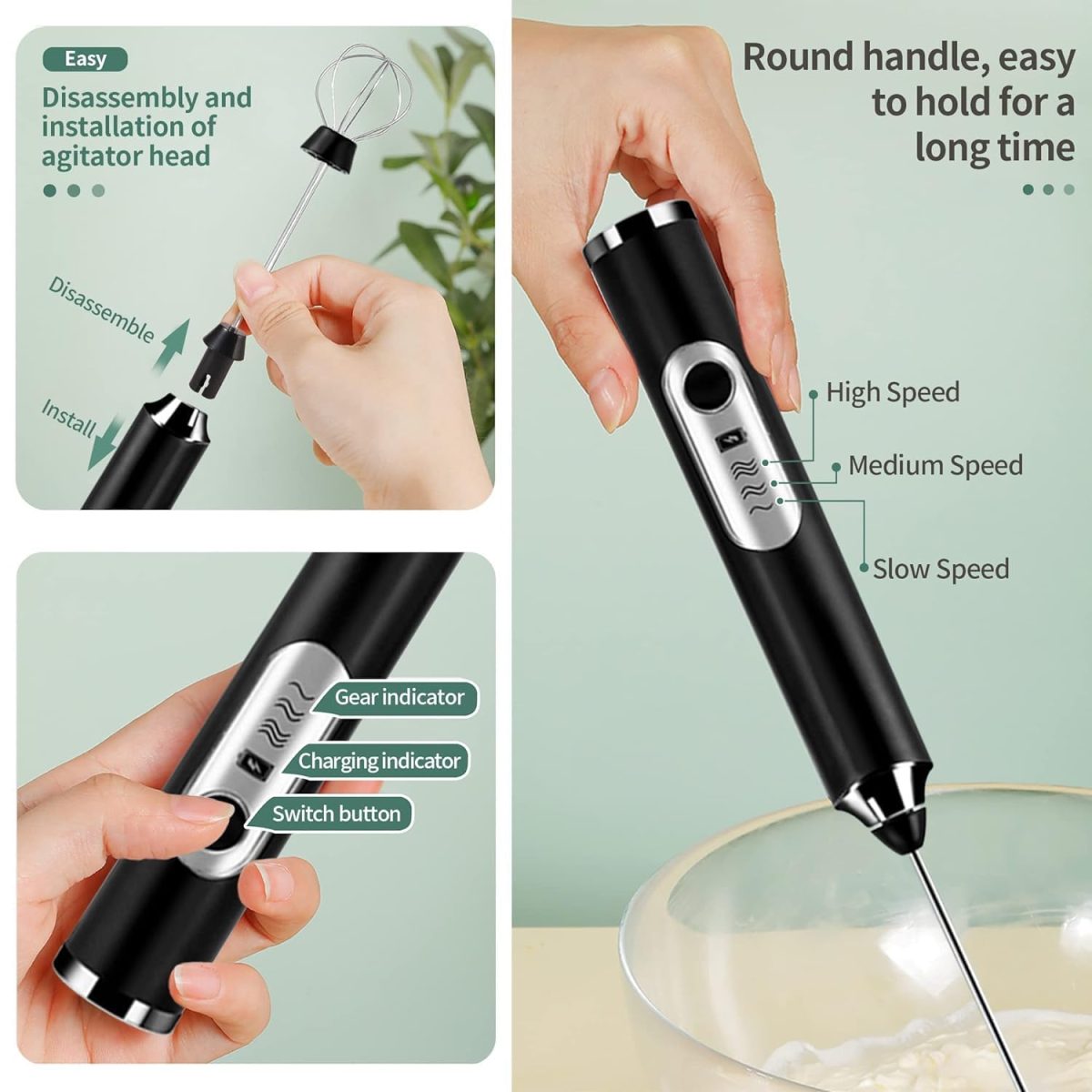 Zuvexa Rechargeable Handheld Milk Frother - 3-Speed Electric Foam Maker for Coffee with 2 Whisks and Coffee Decoration Tool, Coffee Frother Mixer, Stand-up Design, for Cream, Latte, Cappuccino - Image 7