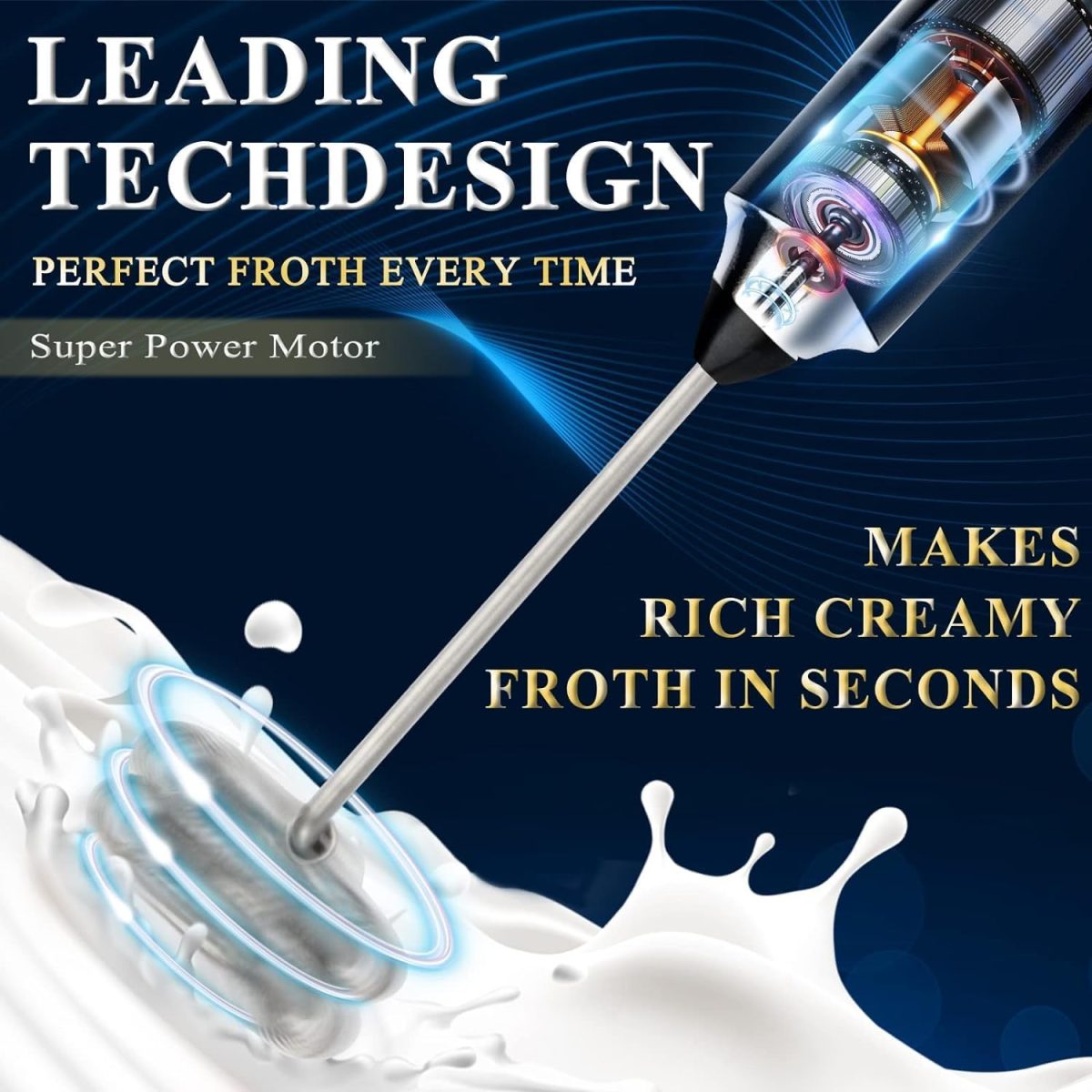 Zuvexa Rechargeable Handheld Milk Frother - 3-Speed Electric Foam Maker for Coffee with 2 Whisks and Coffee Decoration Tool, Coffee Frother Mixer, Stand-up Design, for Cream, Latte, Cappuccino - Image 4