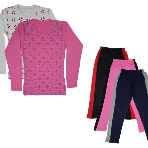 IndiWeaves Girls Cotton Full Sleeve Printed T-Shirts and Cotton Capri 3/4 Pants (Black,Pink,Navy Blue,White,Pink,6-7 Years) Pack of 5