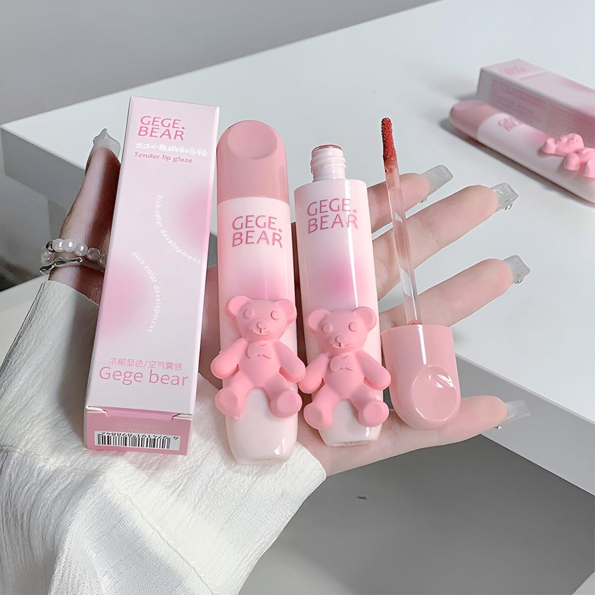 Gege Bear Tender Lip Glaze | Cute Lipstick Combo Set for Women with Glossy Finish | Pink, Brown & Nude Shades Waterproof Long Lasting | Liquid Lipgloss with Teddy Bear Case (05# Hoshino Riku, 2.5g)