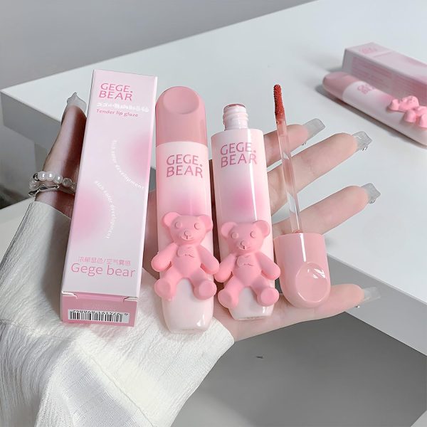 Gege Bear Tender Lip Glaze | Cute Lipstick Combo Set for Women with Glossy Finish | Pink, Brown & Nude Shades Waterproof Long Lasting | Liquid Lipgloss with Teddy Bear Case (05# Hoshino Riku, 2.5g)