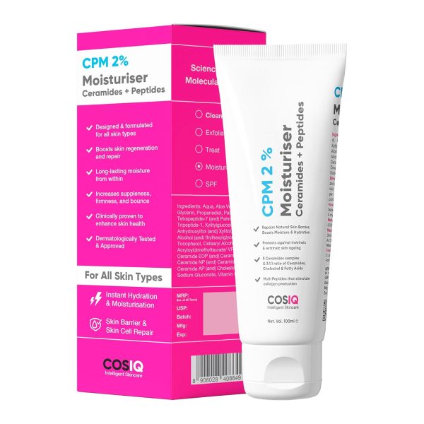 Cos-IQ CPM 2% Ceramides Moisturizer with Peptides for Intense Moisturizing and Skin Strengthening | Barrier Repair Cream | For Oily, Dry, Normal & Sensitive Skin | 100ml