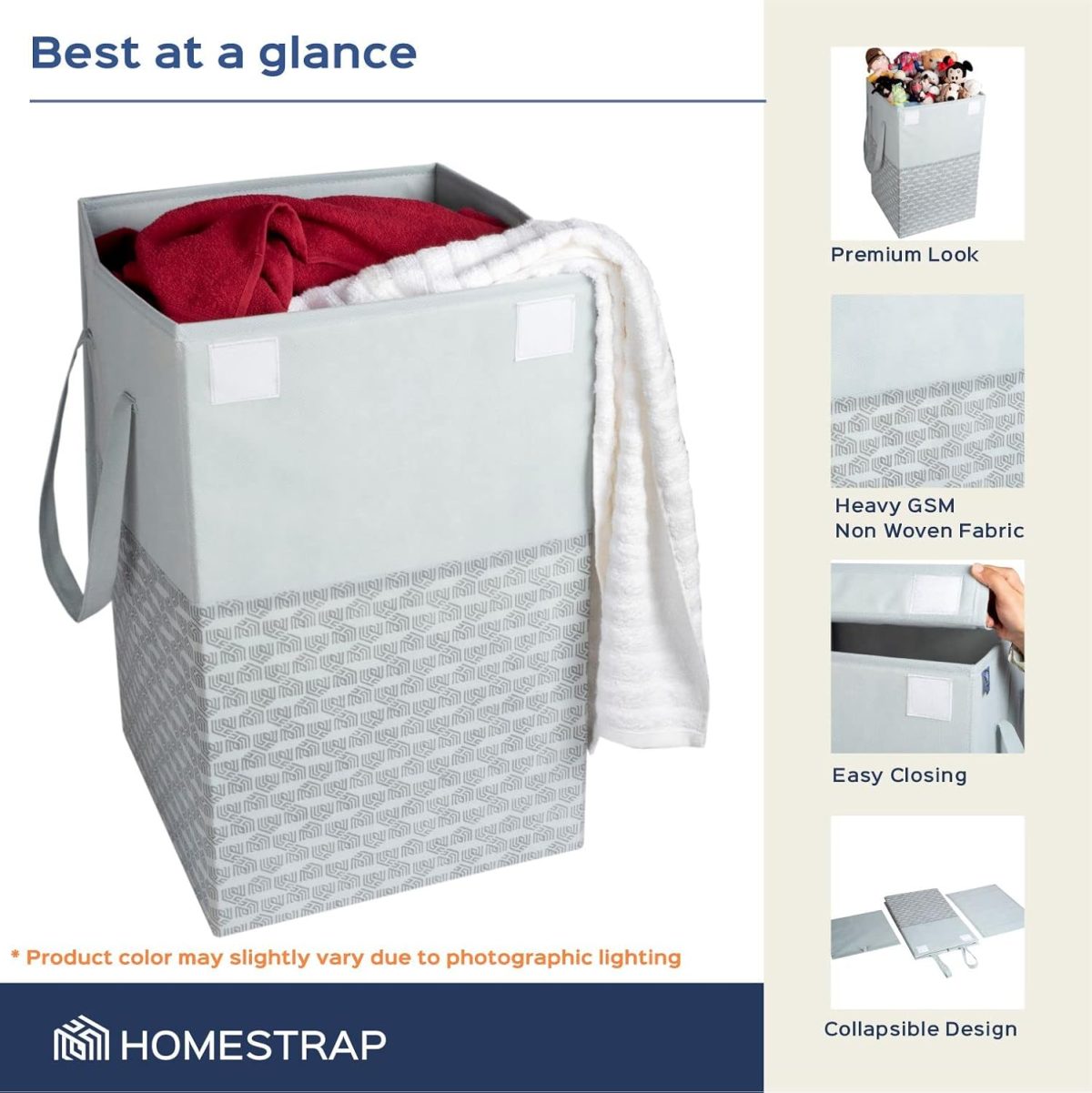 Homestrap 75 LTR Foldable Laundry Basket | Printed Laundry Bag with Lid Front Handle | Non-Woven Toy Organiser | Washing Cloth Laundry Bin(Grey)(Polypropylene) - Image 3