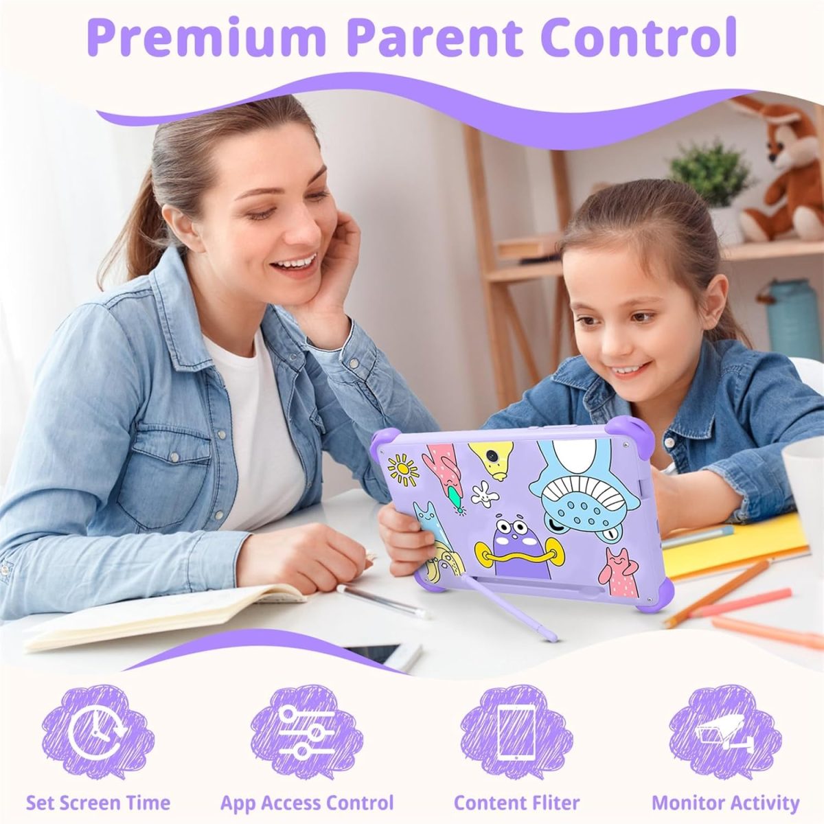 okulaku Kids Tablet 7 inch Tablets for Kids 32GB Toddler Tablet with Protective Case Child Learning Tablets with WiFi, Parental Control, GMS, Preinstalled Educational Contents for Girls Boys (Purple) - Image 3