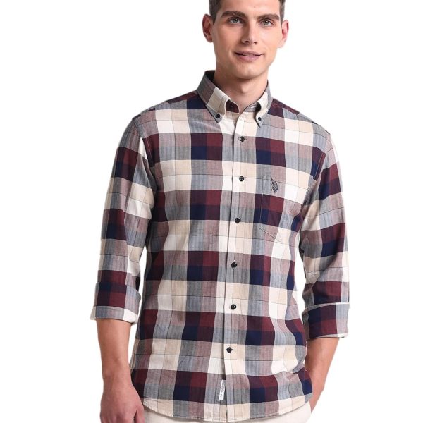 U.S. POLO ASSN. Mens Red Plaid Collared Neck Long Sleeve Men's Casual Shirts