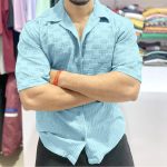 Textured Cotton Short Sleeve Shirt, Light Blue, Geometric Pattern, Button-Down Collar - Image 6
