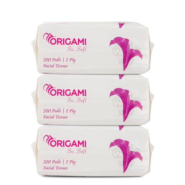Origami 2 Ply Facial Tissue Soft Pack | Car Tissue Pouch - Pack of 3 (200 Pulls Per Box, 600 Sheets)
