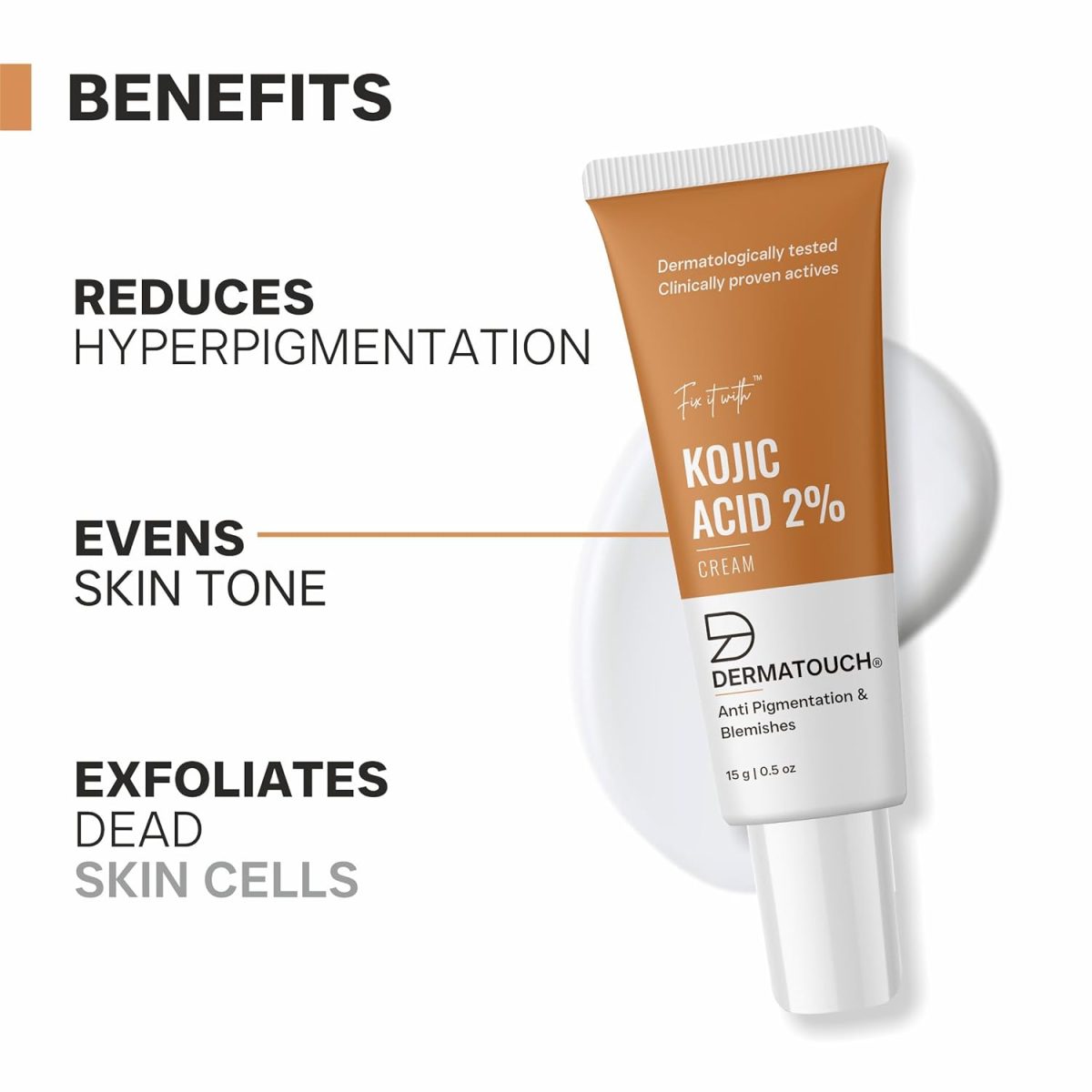 DERMATOUCH Kojic Acid 2% Cream | Non-greasy | For Pigmentation, Blemishes and Dark Spots reduction - 15G - Image 2