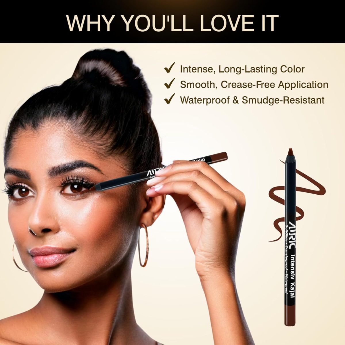 Auric Intensiv Kajal Pencil (1.2g) I Long Lasting, Water Proof, Smudge Proof, Hypoallergenic, Easy-to-apply I Ophthalmologically Tested I (Earthy Brown) - Image 3