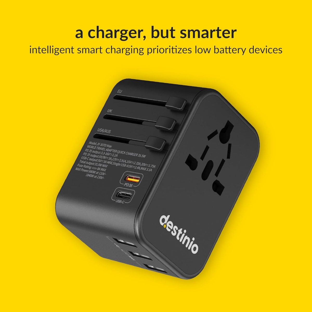 Destinio Universal Travel Adapter- 6-in-1 Fast (35W) Charging with PD/QC 3.0, 2 Type C & 3 USB Ports Universal Charger, International Travel Adapter, All in One Plug, Socket Adaptor - Image 7
