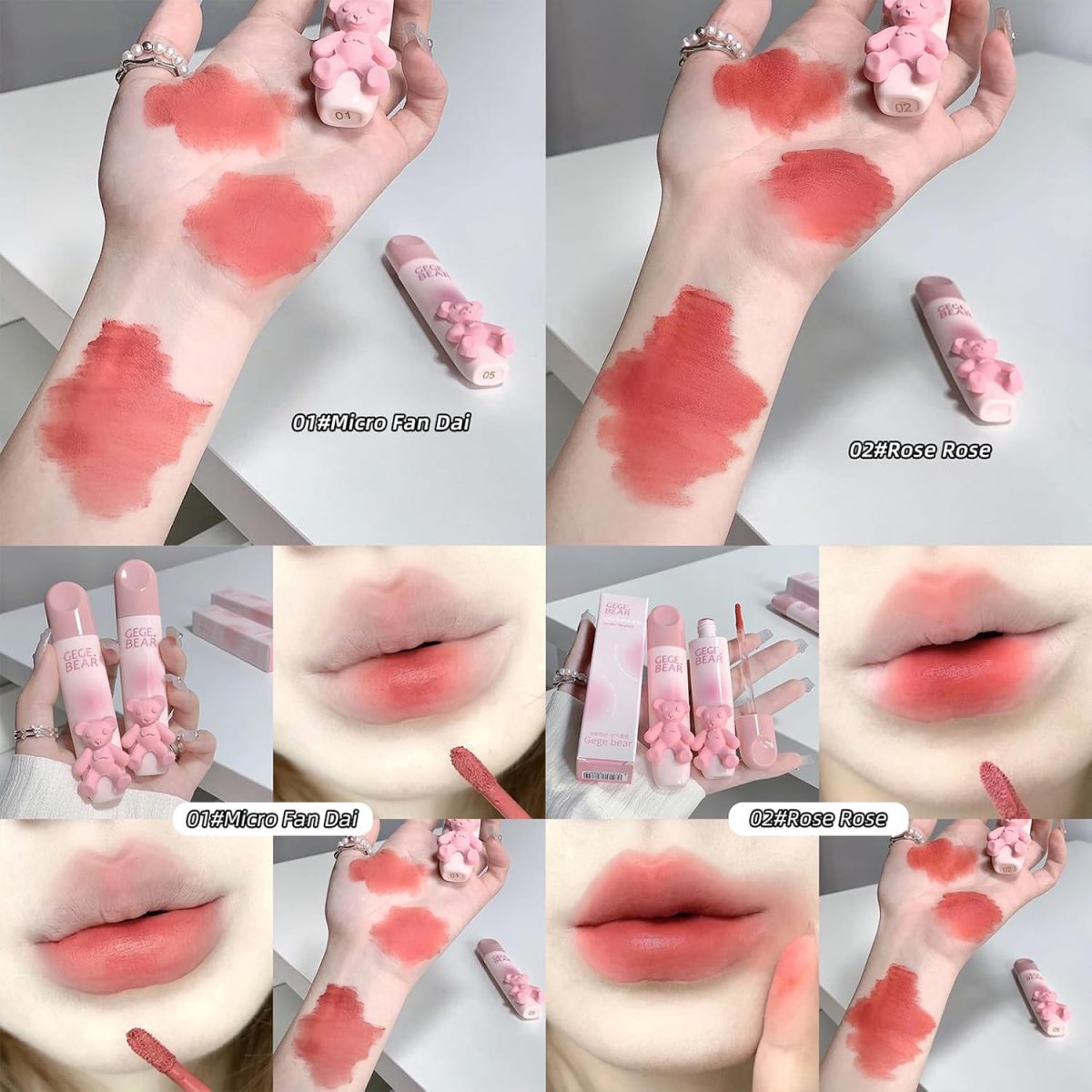 Gege Bear Tender Lip Glaze | Cute Lipstick Combo Set for Women with Glossy Finish | Pink, Brown & Nude Shades Waterproof Long Lasting | Liquid Lipgloss with Teddy Bear Case (05# Hoshino Riku, 2.5g) - Image 3