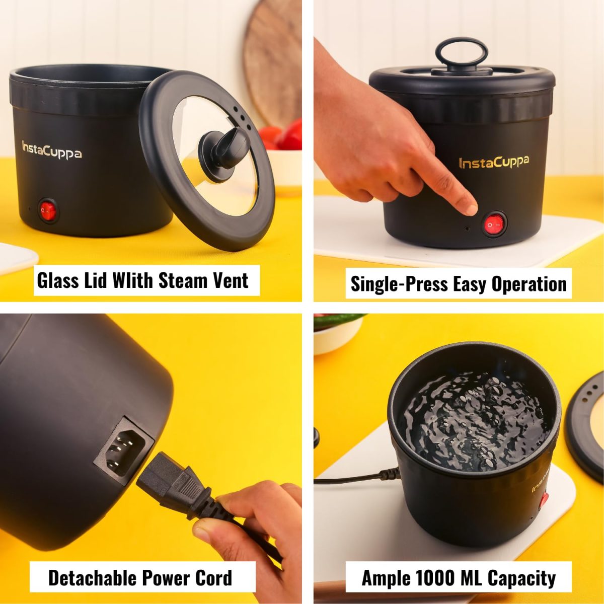 InstaCuppa Portable Multi Cook Electric Kettle with Non-Stick Inner Pot, Dry Boil Protection for Safety, Compact & Light Weight, Ideal for Boiling Milk, Tea, Coffee & Eggs, 1 Liter, 450 Watts, Black - Image 6