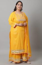 Rajnandini Women's Yellow Pure Cotton Lurex Embroidered Kurta Set With Dupatta (JOPLVL259X-P) - Image 3
