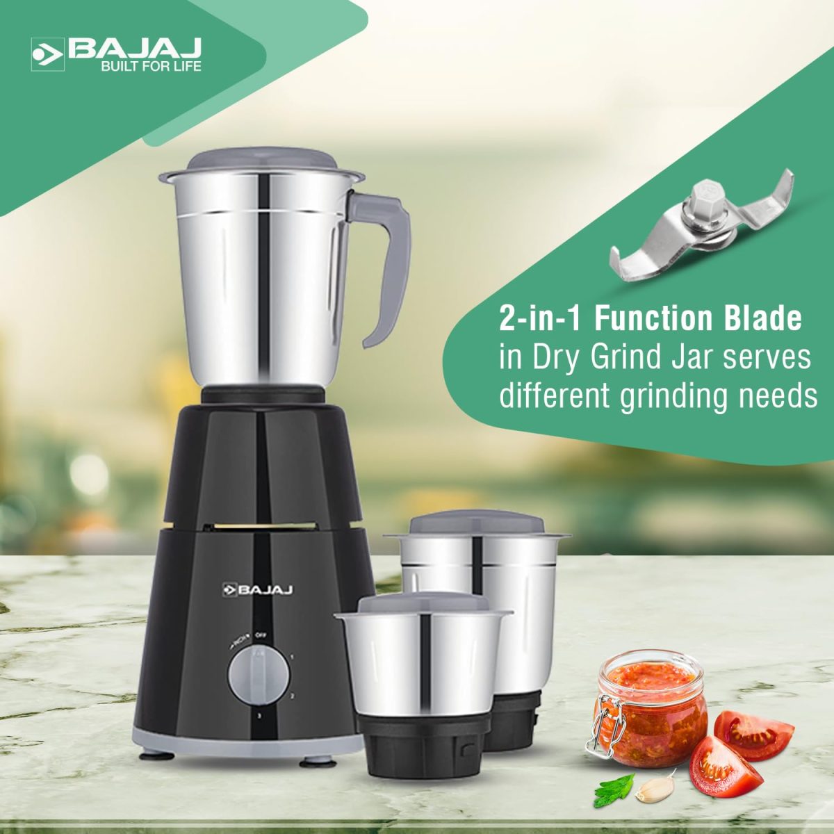 Bajaj GX-1 Mixer Grinder 500W | Superior Mixie For Kitchen | 2-In-1 For Dry Grinding | Blade Function With Titan Motor | 3 Stainless Steel Mixer Jars | 1 Year Product Warranty By Bajaj 【Black】 - Image 5