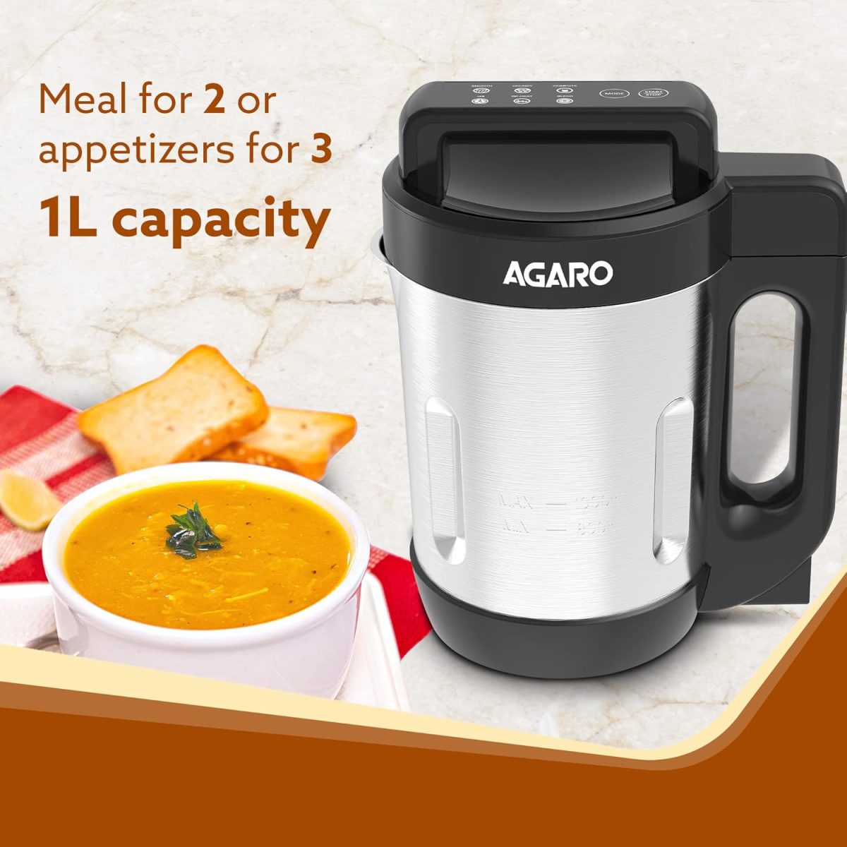 AGARO Elite Soup Maker, 1 Litre, Automatic Blending & Heating,6 Preset Cooking Functions, Copper Motor, Stainless Steel Blades, Grey - Image 2