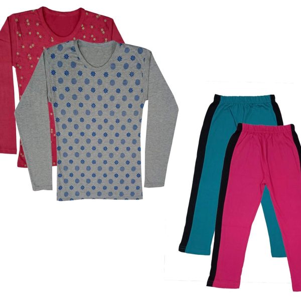 IndiWeaves Girls Cotton Full Sleeve Printed T-Shirts and Cotton Capri 3/4 Pants (Green,Magenta,Maroon,Grey,9-10 Years) Pack of 4
