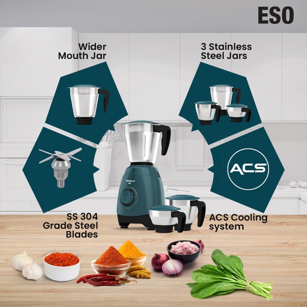 Havells ESO 750 Watt Mixer Grinder | 3 Stainless Steel Jars with Handles | 304 Rust-Resistant SS Blades | 21000 RPM High-Speed Motor | 5-Year Motor Warranty | Heavy-Duty Mixie (Teal) - Image 3