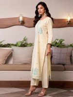 Sanisa Women's Cotton Jacquard Work Straight Kurta with Pant and Dupatta Set - Image 3