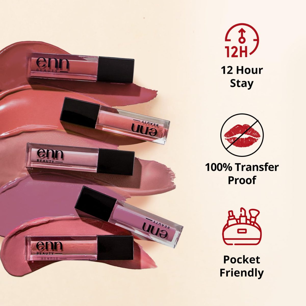 ENN Long Lasting Semi Matte Nourishing Soft Liquid Lipsticks Kit With 12 Hour Coverage | Transfer proof Highly Pigmented Godness of Natural Ingredients of Ghee | Vitamin-E | Argan Oil | Pack Of 5 Perfect Nudes - Image 6