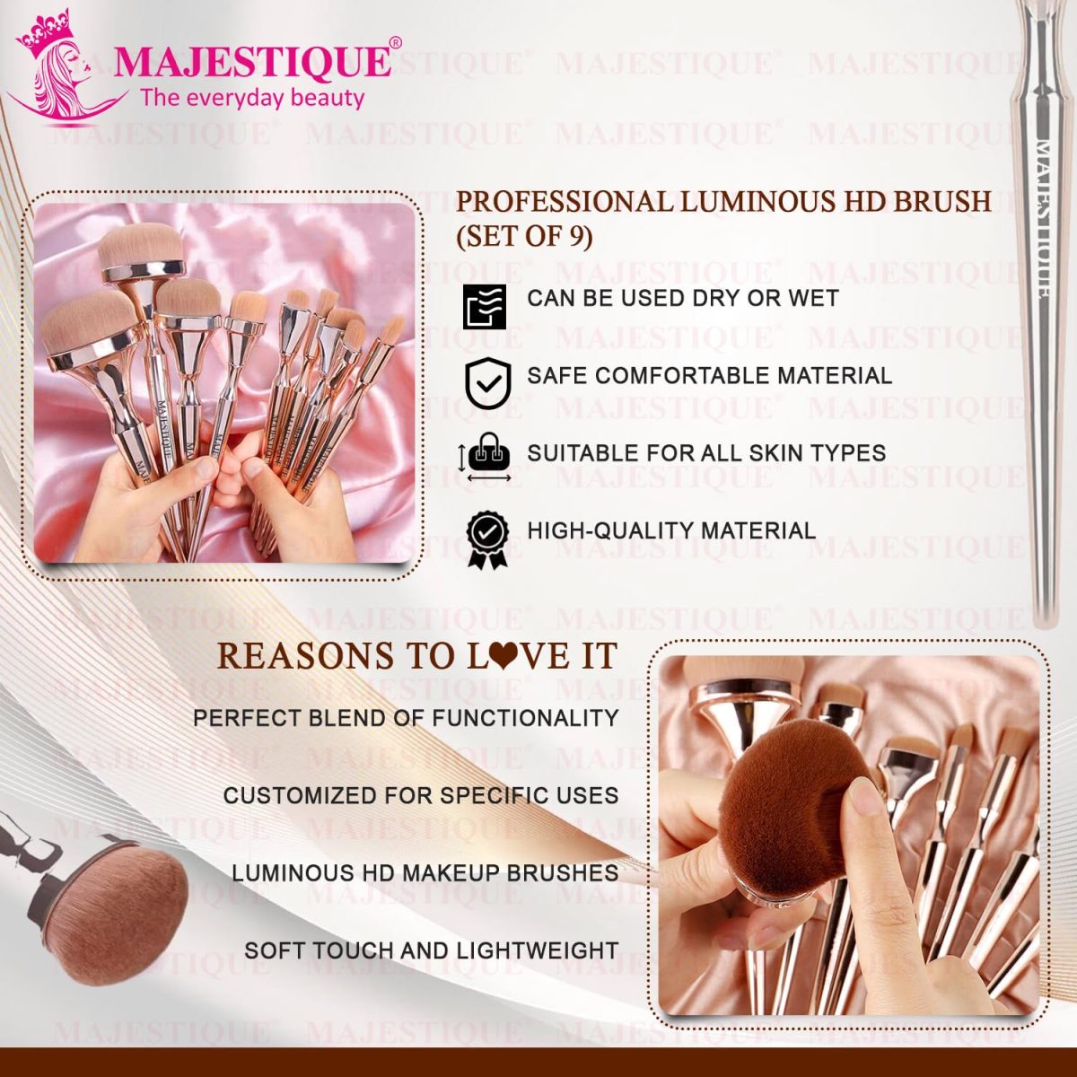 Majestique Premium Makeup Brush Set – Soft Synthetic Hair Brushes for Flawless Foundation, Blending, Eyeshadow & HD Powder – Professional Cosmetic Brush Kit for Women & Makeup Artists - (9 Pieces) - Image 4