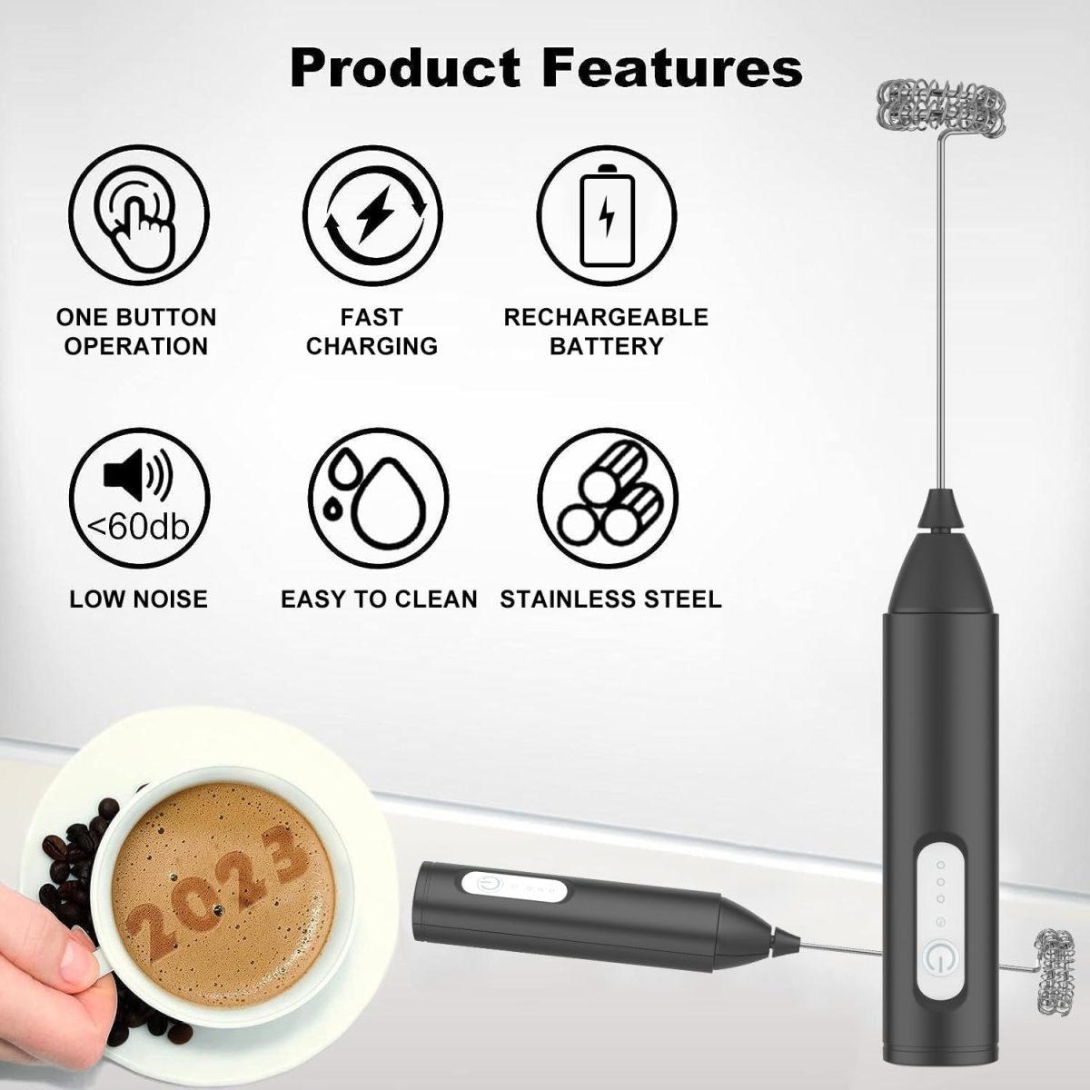 Konquer TimeS Rechargeable Milk Frother – Handheld Electric Coffee Frother with USB-C Charging, 3-Speed Stainless Steel Whisk for Lattes, Matcha, Hot Chocolate, and Frappe - Image 2