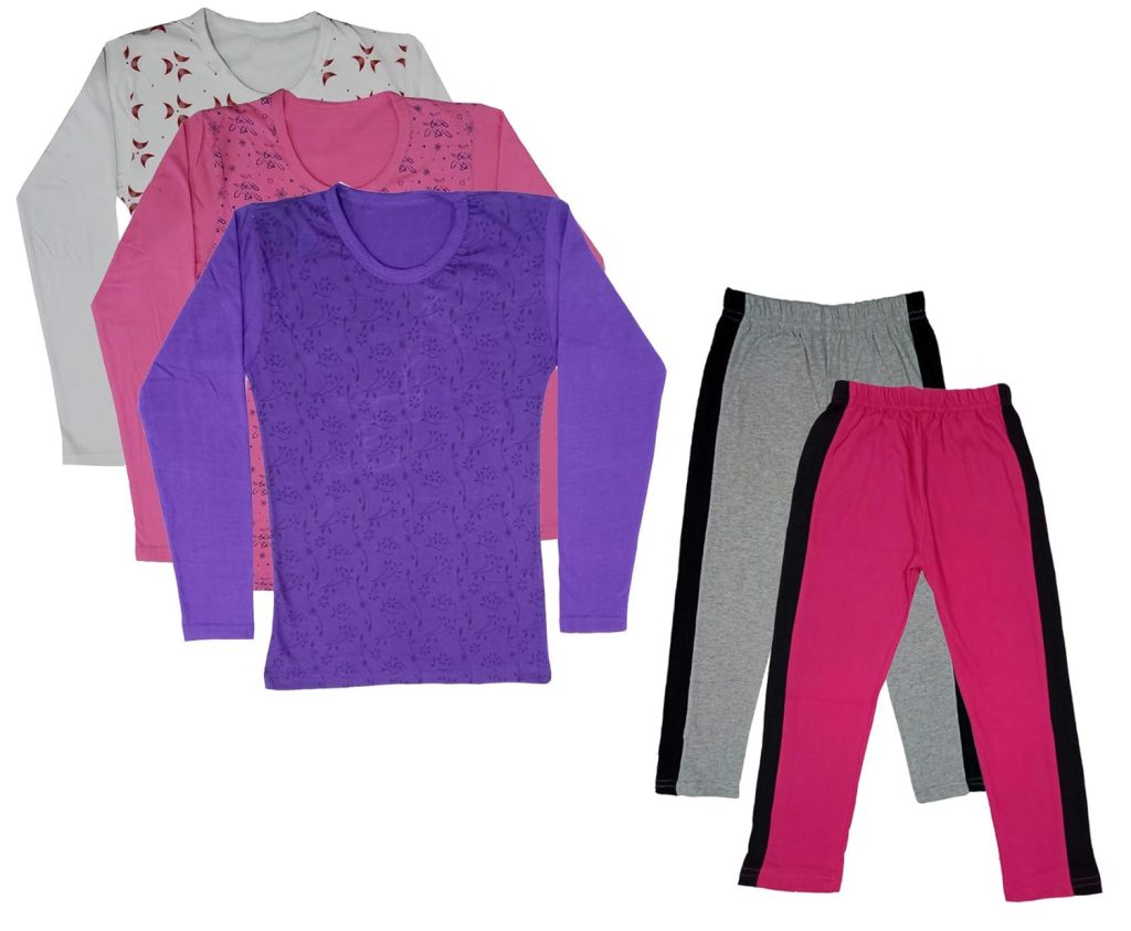 IndiWeaves Girls Cotton Full Sleeve Printed T-Shirts and Cotton Capri 3/4 Pants (Grey,Magenta,White,Pink,Purple,6-7 Years) Pack of 5