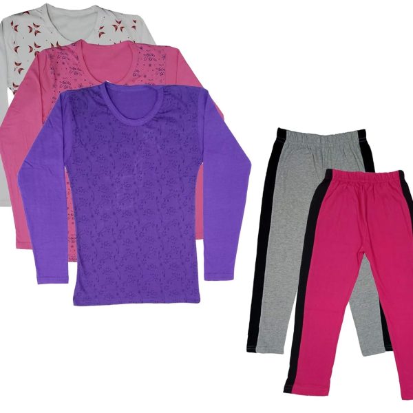 IndiWeaves Girls Cotton Full Sleeve Printed T-Shirts and Cotton Capri 3/4 Pants (Grey,Magenta,White,Pink,Purple,6-7 Years) Pack of 5