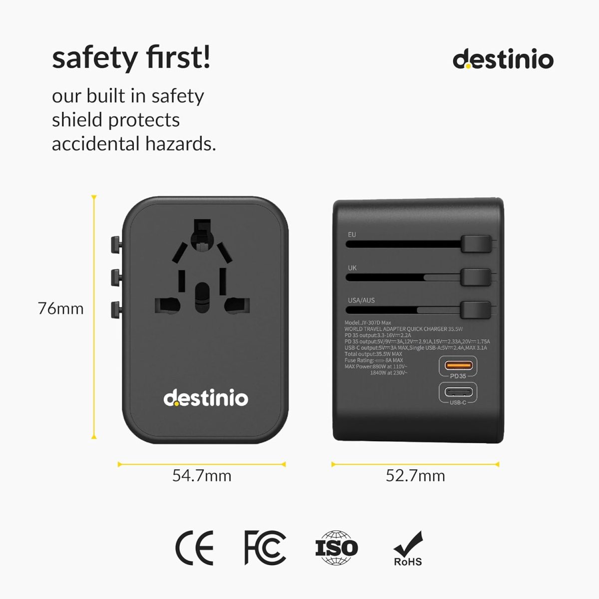 Destinio Universal Travel Adapter- 6-in-1 Fast (35W) Charging with PD/QC 3.0, 2 Type C & 3 USB Ports Universal Charger, International Travel Adapter, All in One Plug, Socket Adaptor - Image 8