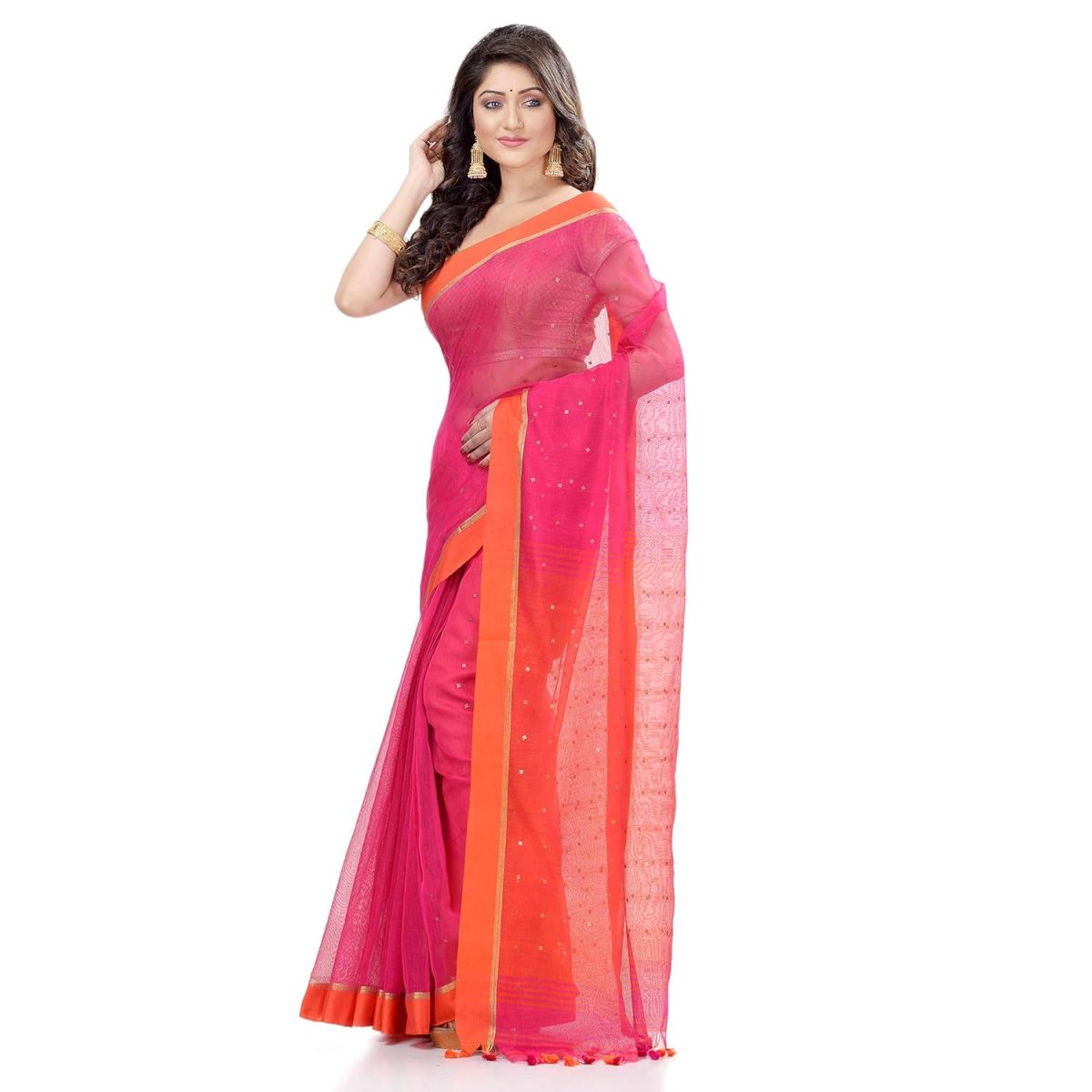 Bengal Cotton Women`s Tant Silk Handloom Cotton Saree Sequence Work With Blouse Piece(Pink Orange) - Image 4