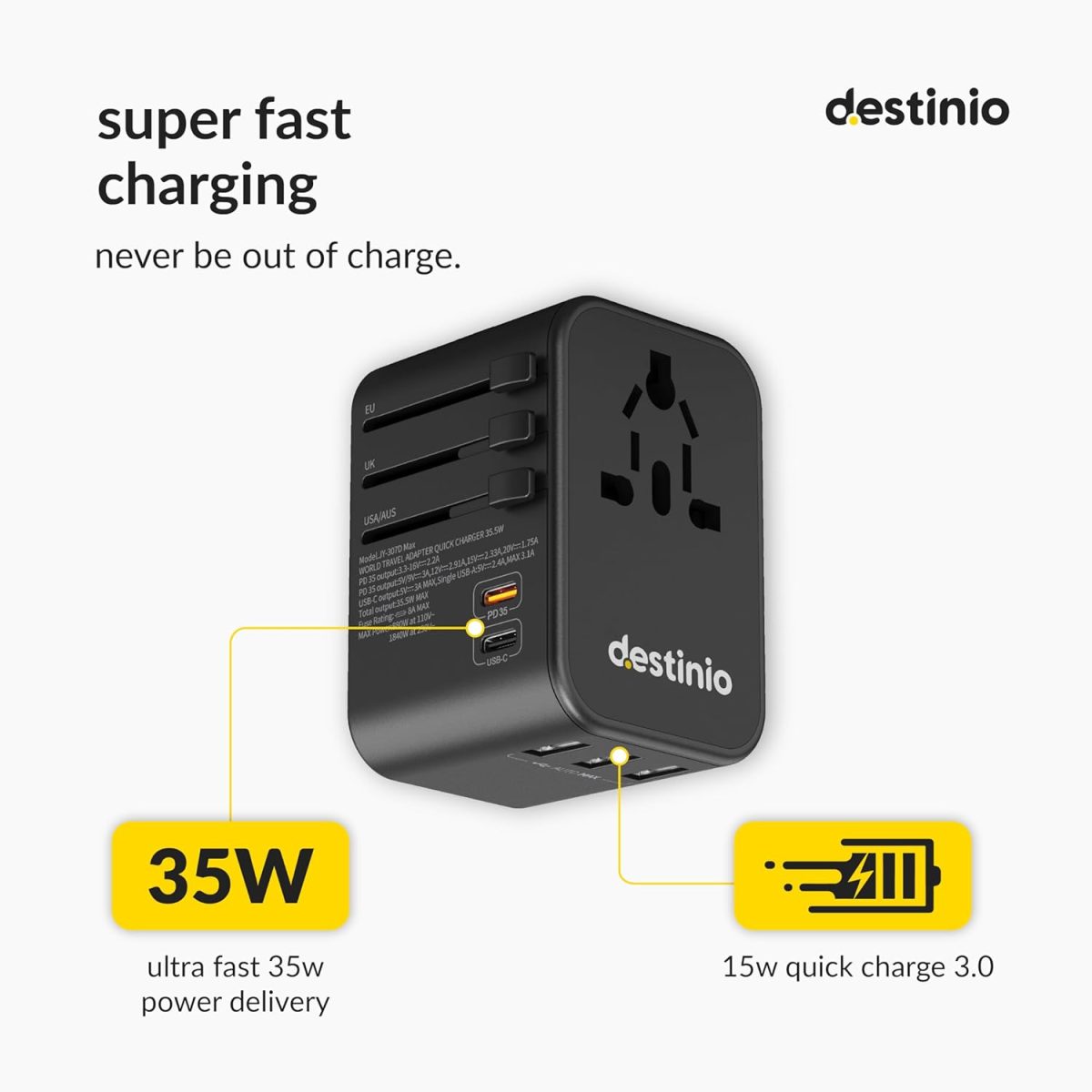 Destinio Universal Travel Adapter- 6-in-1 Fast (35W) Charging with PD/QC 3.0, 2 Type C & 3 USB Ports Universal Charger, International Travel Adapter, All in One Plug, Socket Adaptor - Image 2