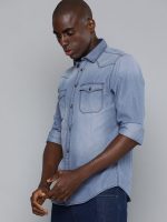 The Indian Garage Co Men's Cotton Slim Fit Solid Full Sleeves Cutaway Collar Double Flap Pocket Casual Denim Shirt - Image 2