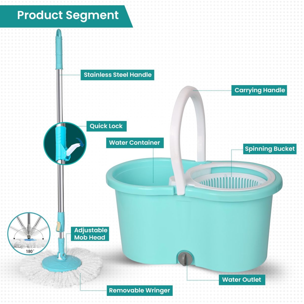 Zureni Bucket Quick Spin Mop with 2 Microfiber Wet Dry Mophead Floor Cleaning pocha Extendable Handle Removable Wringer 360° Floor Cleaner Mopping Set (Random Colour) - Image 6