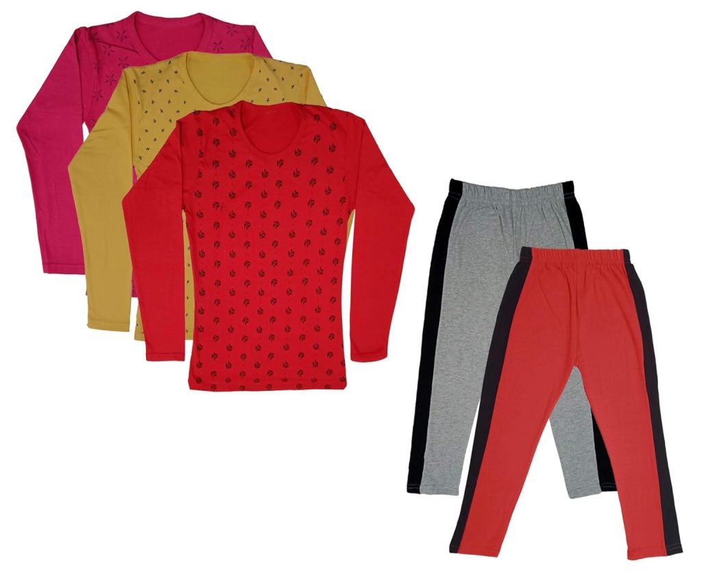 IndiWeaves Girls Cotton Full Sleeve Printed T-Shirts and Cotton Capri 3/4 Pants (Grey,Red,Magenta,Yellow,Red,12-13 Years) Pack of 5