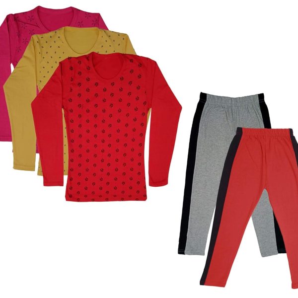 IndiWeaves Girls Cotton Full Sleeve Printed T-Shirts and Cotton Capri 3/4 Pants (Grey,Red,Magenta,Yellow,Red,12-13 Years) Pack of 5