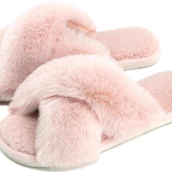 Cozyfurry Womens Cross Band Slippers Cozy Furry Fuzzy House Slippers Open Toe Fluffy Indoor Shoes Outdoor Slip on Warm Breathable Anti-skid Sole