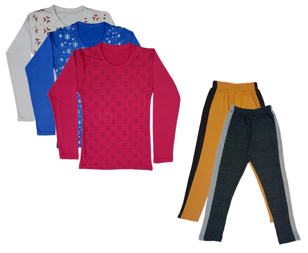 IndiWeaves Girls Cotton Full Sleeve Printed T-Shirts and Cotton Capri 3/4 Pants (Mustard,Dark Grey,White,Blue,Magenta,11-12 Years) Pack of 5