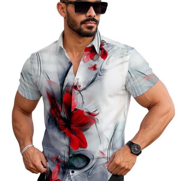 Le Pery Floral Print Short Sleeve Men's Shirt, White with Red Flowers, Casual Summer Wear Stylish | Man's Printed | Half Sleeve | Formal Shirts for Man | Regular Fit