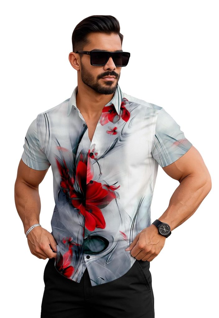 Le Pery Floral Print Short Sleeve Men's Shirt, White with Red Flowers, Casual Summer Wear Stylish | Man's Printed | Half Sleeve | Formal Shirts for Man | Regular Fit
